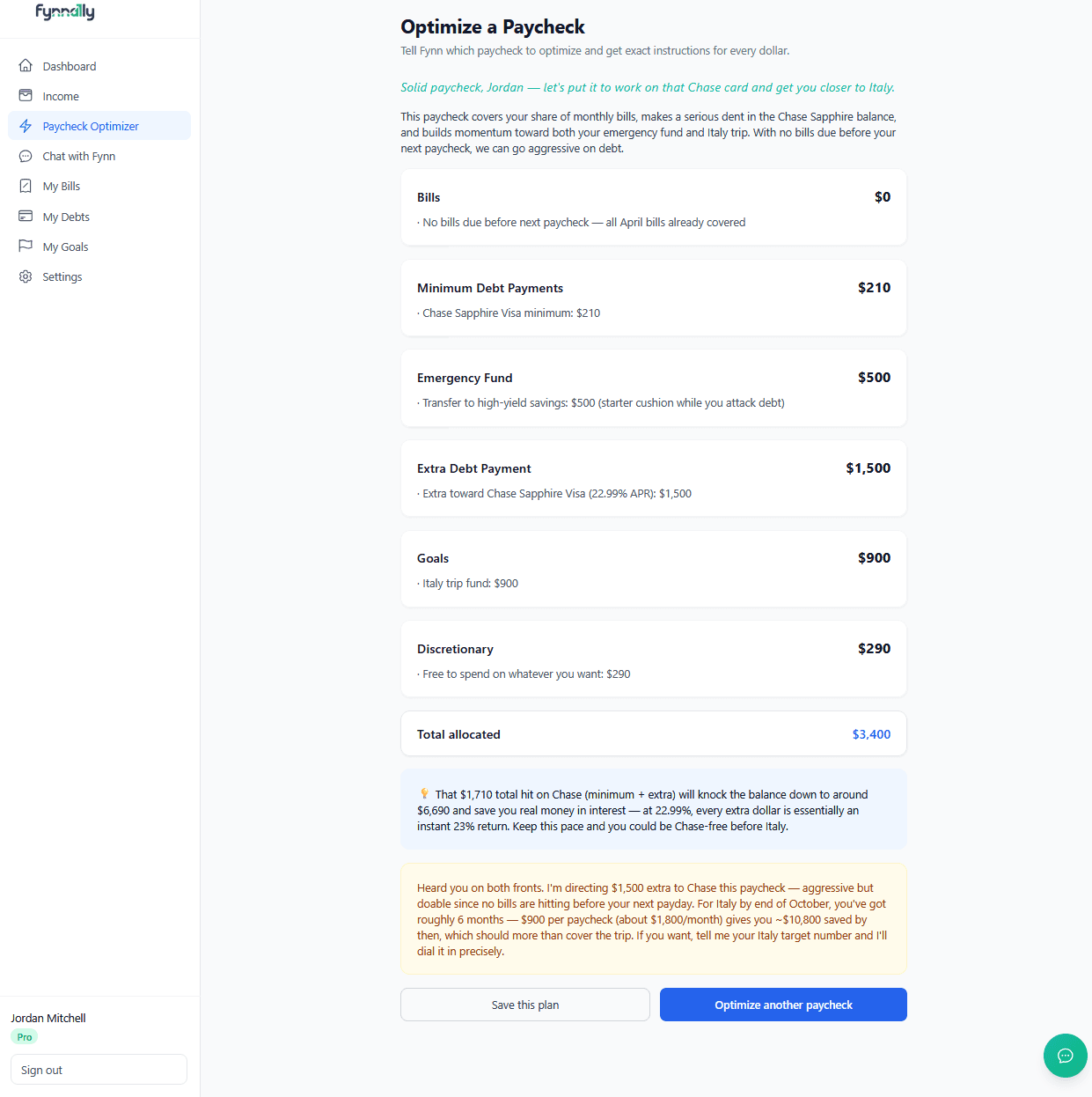 Fynnally paycheck optimizer — Fynn's allocation plan